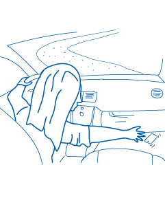 Illustration Frau bückt sich Auto fahrend nach Handy